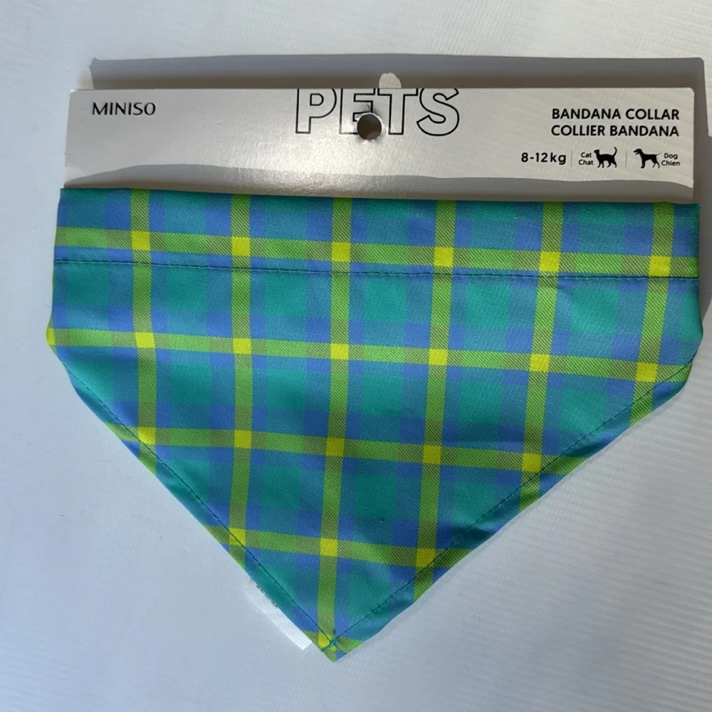 MINISO Pets Plaid Bandana Collar Blue Green 17-26 lb NWT